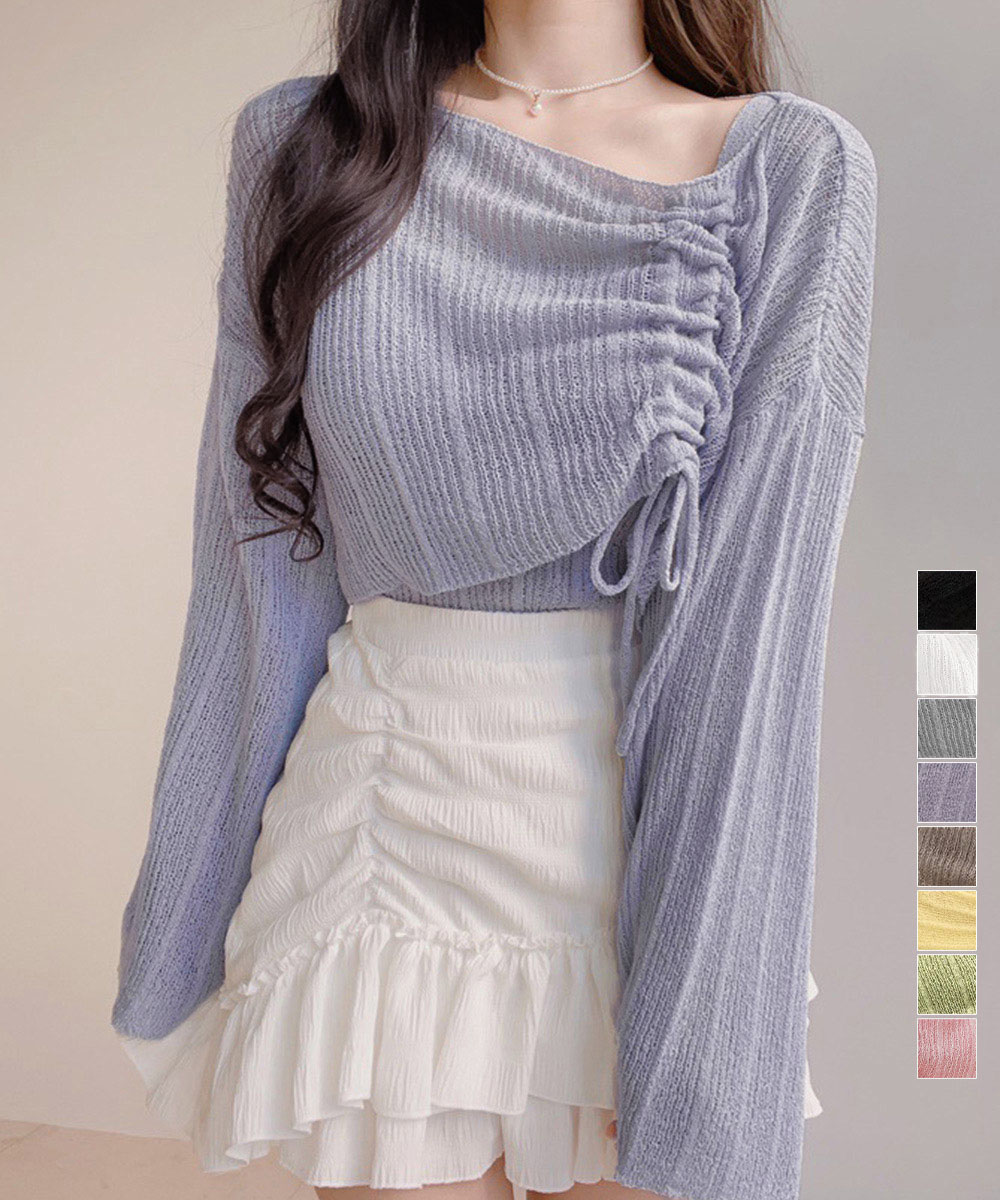 ドローストリング ニットアンサンブル 春夏 ニットブラウス春秋 おしゃれニットソー 大人可愛い服韓国風