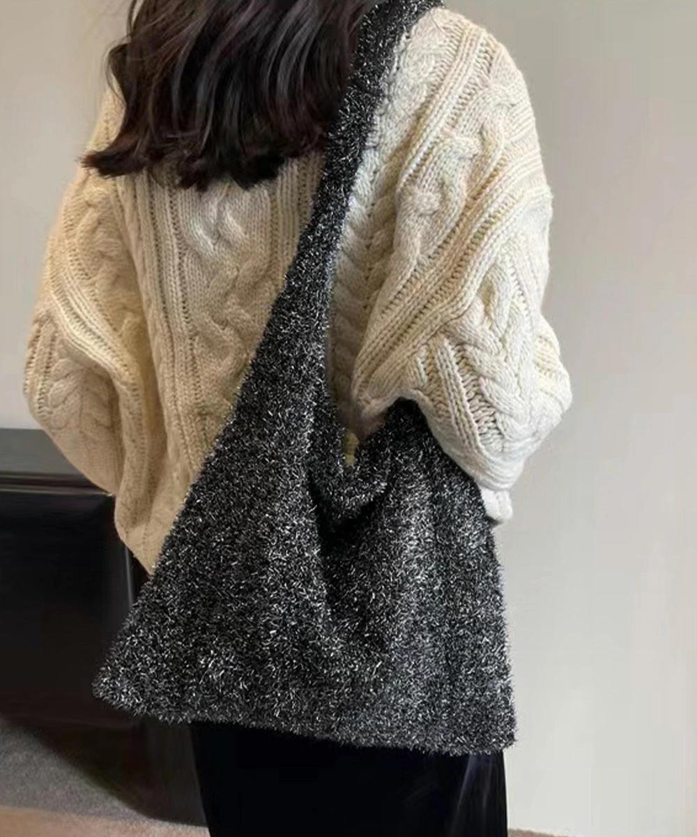 ニットトートバッグ ラメシャギー カジュアルカバン お散歩バッグ 韓国ファッション