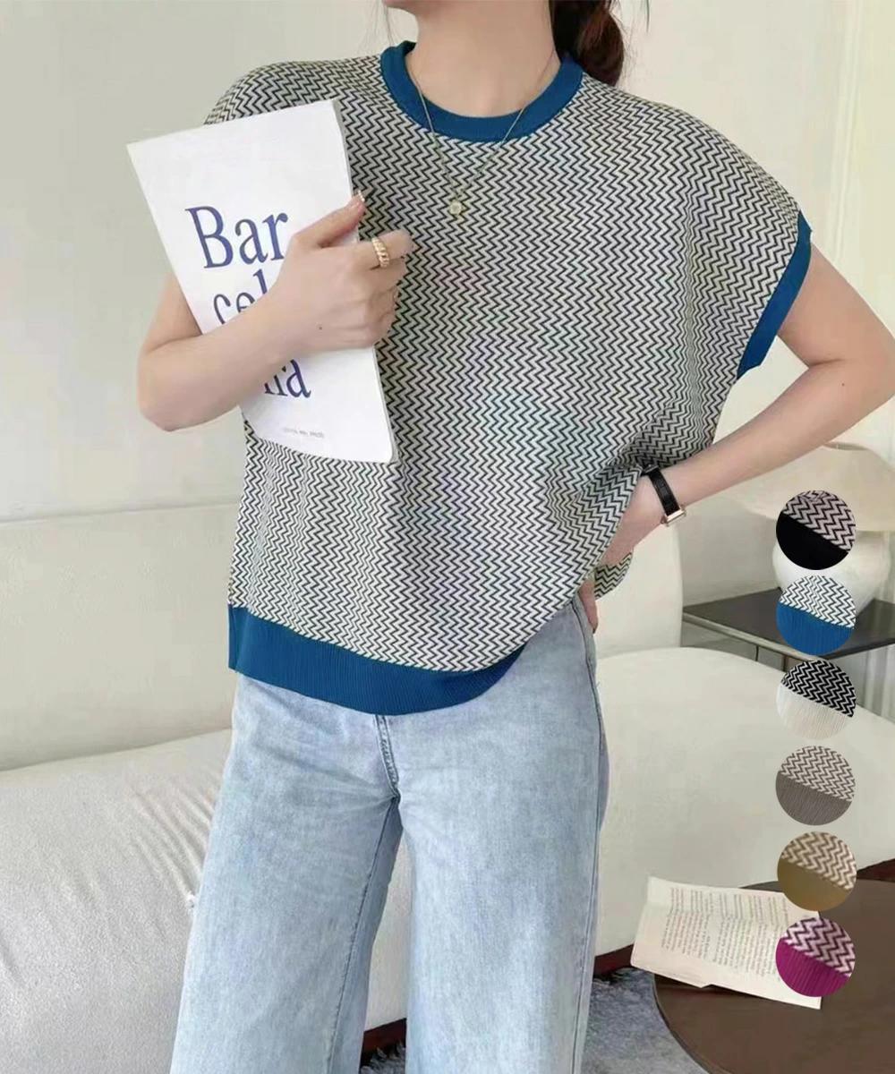 フレンチスリーブサマーニット レディース クルーネックニット オフィスカジュアル ニットカットソー柄