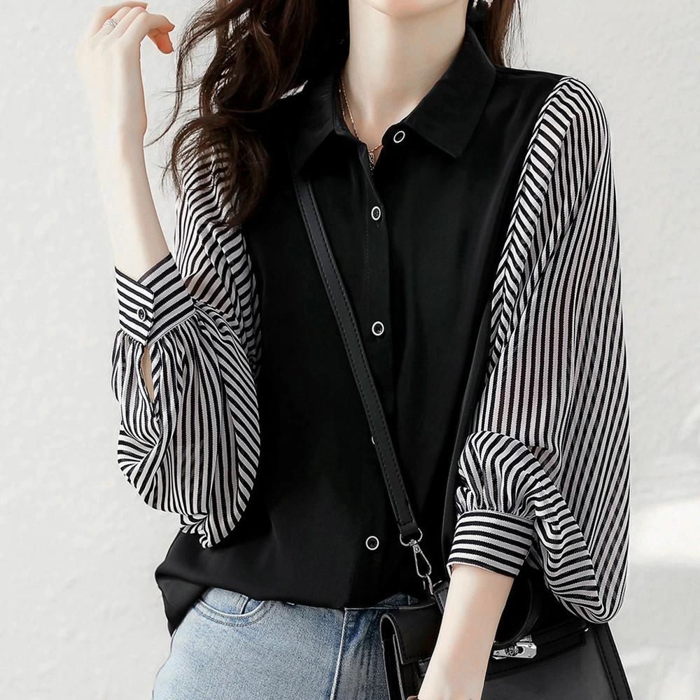 シャツブラウス 長袖 レディース 春夏秋韓国ファッション ブラウス体型カバー オフィス ブラウス ゆったり ストライプ柄 ブラウス 袖切り替え オフィスカジュアル トップス 大人女性 おしゃれ ブラウス着やせ 通勤大人 大人女性にふさわしい...