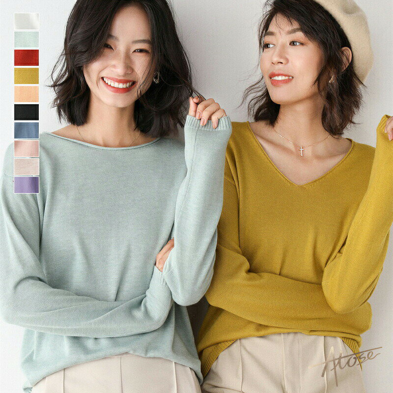 ニット セーター トップス レディース ニット 長袖 vネックニット ボートネック 無地 デコルテ 着回し 抜け感 大人可愛い インナー ラウンドヘム 大きいサイズ プルオーバー ストレッチ スッキリ ゆったり