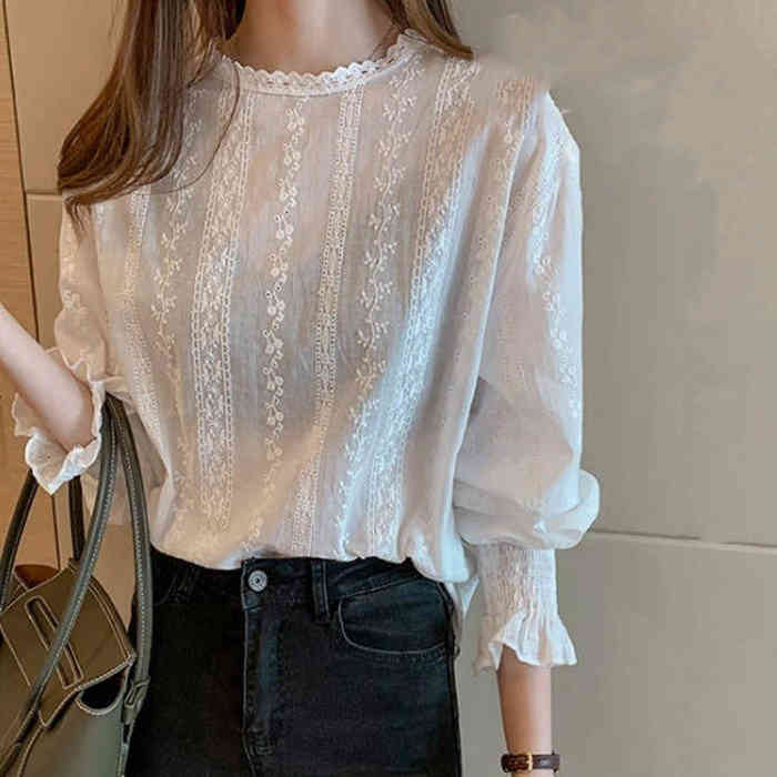 レースブラウス レースブラウス レディース シャツ パフスリーブ 長袖 トップス 白 秋