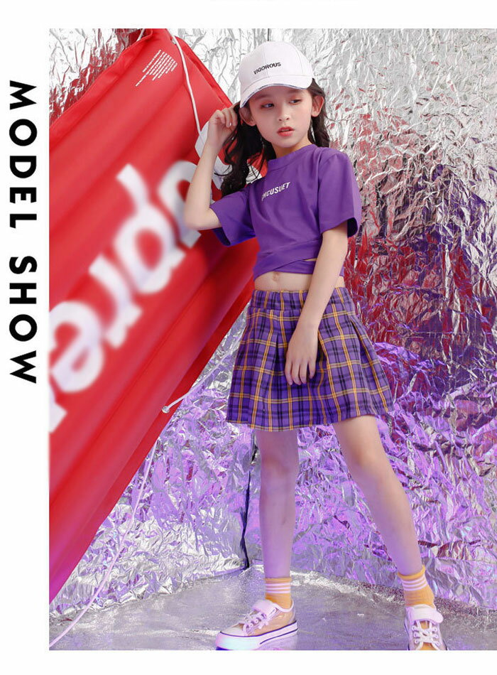 【6%OFFクーポン】ダンス衣装 女の子 スカート チェック柄 チアリーダー ヒップホップ ダンス ストリート キッズ ボトムス スカート 体育祭 文化祭 学園祭 舞台 団体服 応援団 練習着 JAZZ衣装 普段着 ファッション スカート パープル 110 120 130 140 150 160 170 180 2