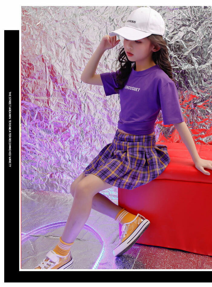 【6%OFFクーポン】ダンス衣装 女の子 スカート チェック柄 チアリーダー ヒップホップ ダンス ストリート キッズ ボトムス スカート 体育祭 文化祭 学園祭 舞台 団体服 応援団 練習着 JAZZ衣装 普段着 ファッション スカート パープル 110 120 130 140 150 160 170 180 3