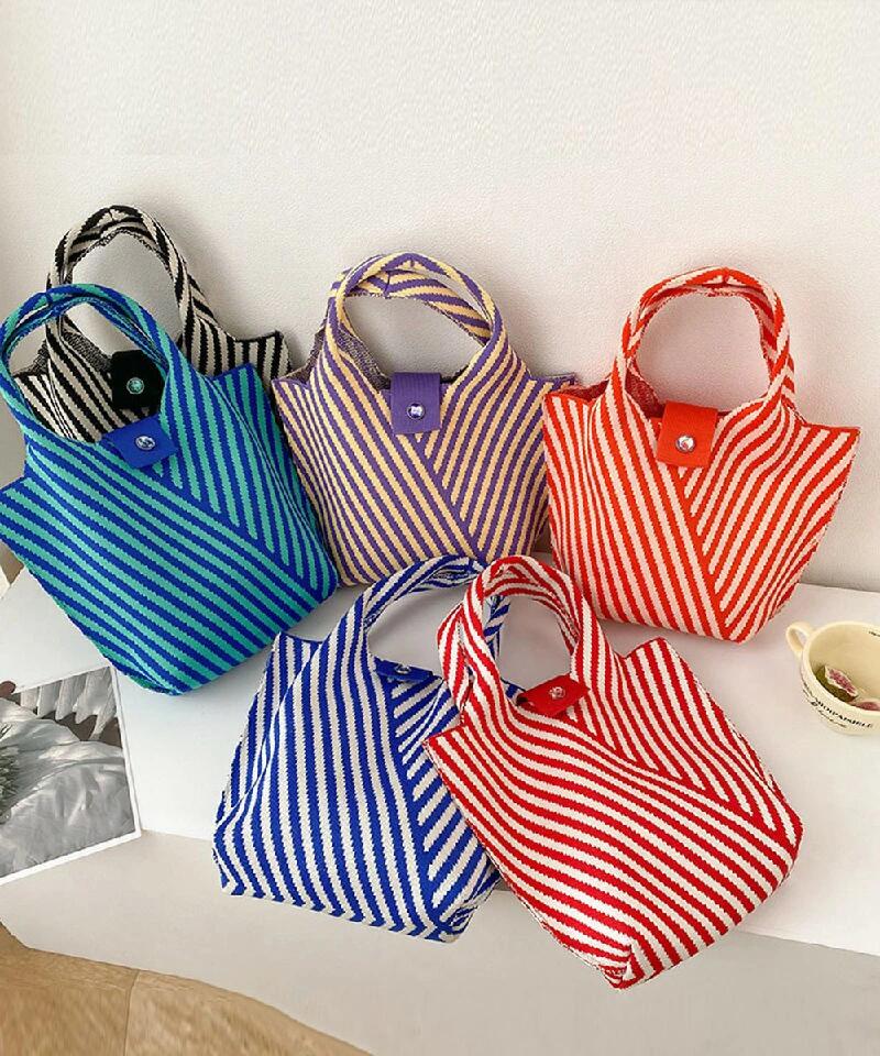 ストライプニットバッグ ミニバッグ レディース サブバッグおしゃれ 縦型 折り畳み ボタン付き ランチバッグ ハンドバッグ 旅行手提げバッグ