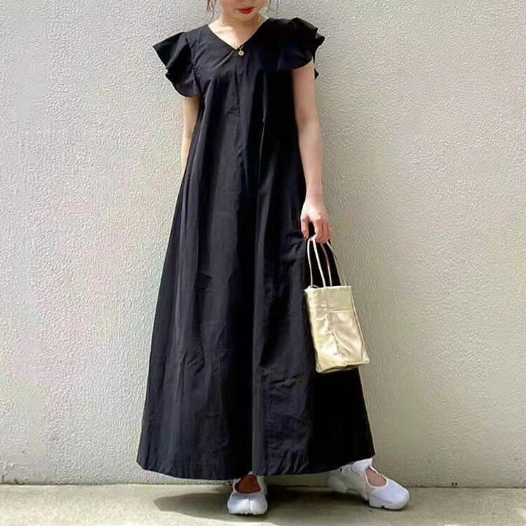 ワンピース ロング マキシ ワンピース 夏 きれいめ Vネック ワンピース レディース 無袖 黒 ロング 20代30代40代 無地 ファッション 結婚式 Aライン ロング丈 マキシ丈 痩せる エレガント お洒落 体型カバ