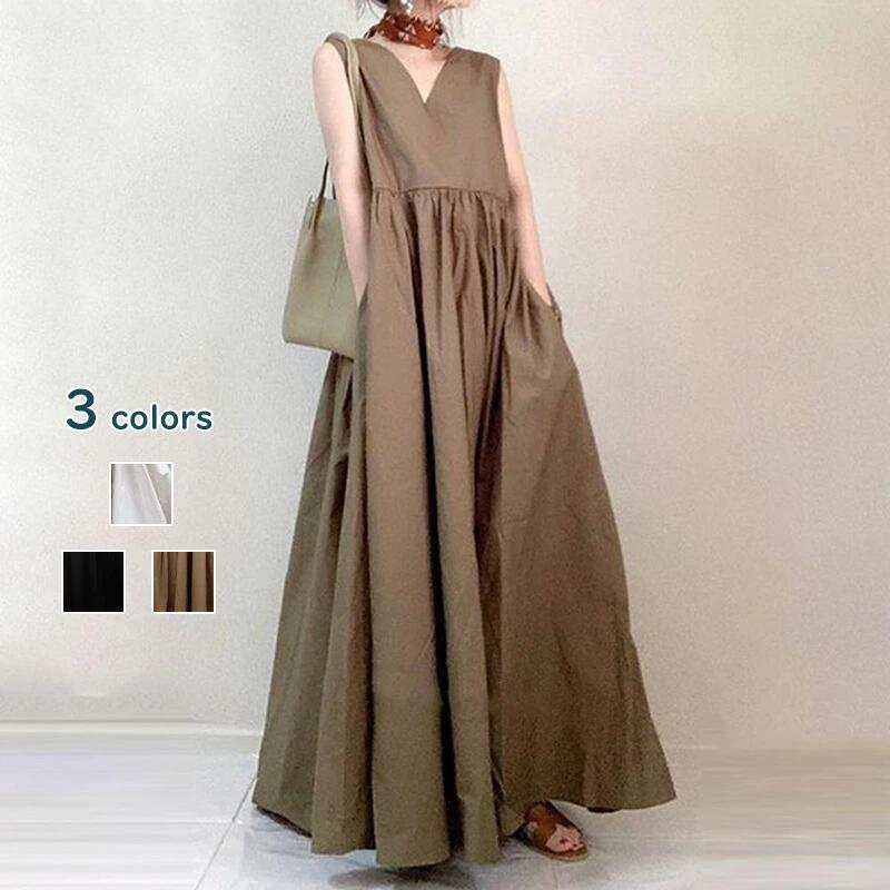ワンピース ロング マキシ ワンピース 夏 きれいめ Vネック ワンピース レディース 無袖 黒 ロング ワンピース 無地 ファッション 結婚式 Aライン ロング丈 マキシ丈 痩せる リボン お洒落 体型カバー ゆったり