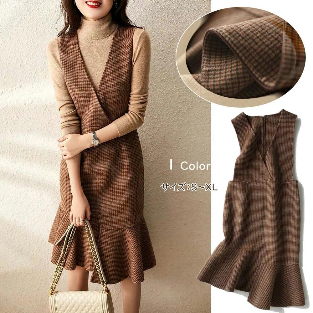 ジャンパースカート ワンピース Vネック 深Vネック 膝丈 ミディ丈 サロペット スカート 重ね着 大人 マタニティ フォーマル きれいめ オフィス カジュアル 冬 結婚式 お洒落 秋 冬 着痩せ 大人 体型カバー ママ【 スリット入りウール混 】