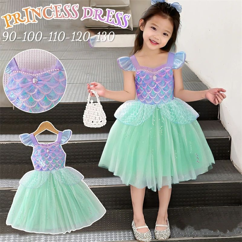 人魚姫 ワンピース 子供 ドレス 子供ワンピース フリル袖 ノースリーブ チュールスカート 女の子フレア プリンセス きらきら 子供服 夏 キッズ ドレス 子供服 ガールズ ワンピース 子供ドレス コスプレ チュール セレモニードレス Aライン 普段着 コスチューム お誕生日