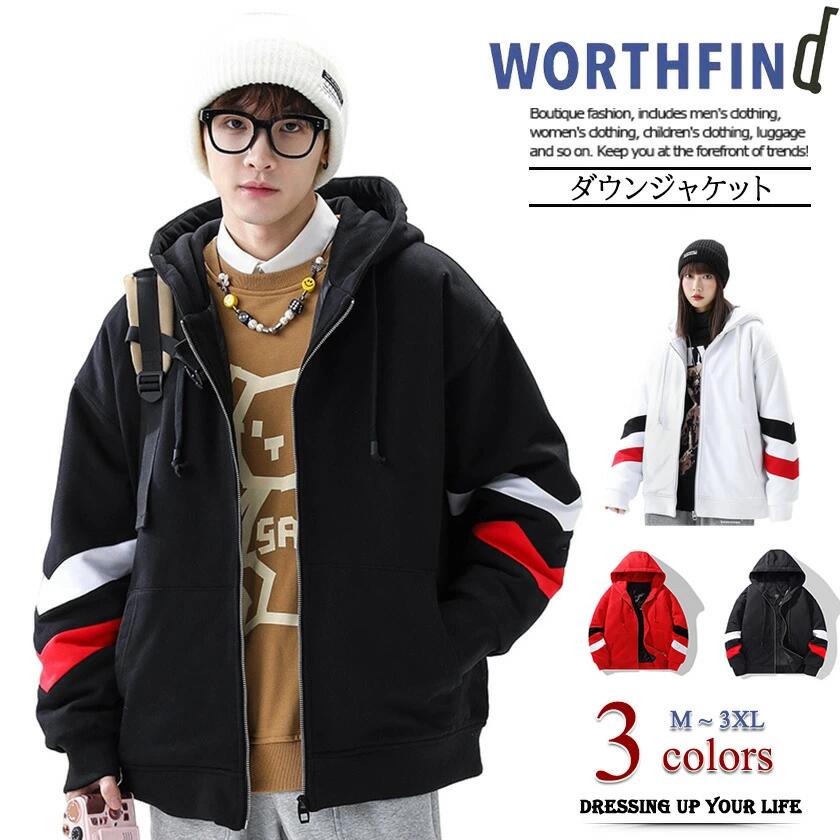 ダウンジャケット ダウンコート メンズ レディース アウター フード付き 羽毛 ダウン90% ジッパー ポケット ジャケット コート ストライプ カップル 保温 防寒 暖かい あったか 秋冬 羽織