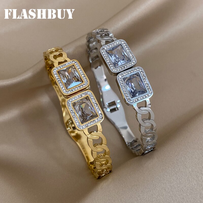 海外からの発送となりお届けに2週間程度を頂いております。予めご了承くださいませ。商品名シック 316L ステンレス スチール 大 白 ホワイト 四角 スクエア ジルコン ジルコニア オープン バングル ブレスレット レディース 新しい 贅沢...