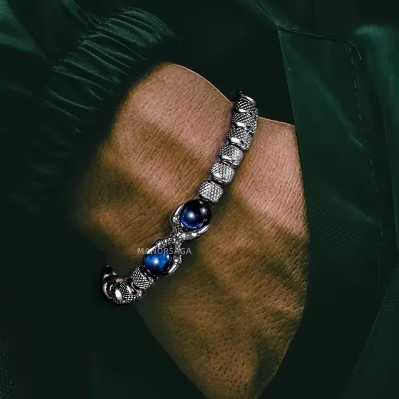 【送料無料】 ブレスレット 動物 アニマル ステンレス ビンテージ ドラゴン ストーン タイガー ビーズ 爪 メンズ スチール ナチュラル 虎 目 アイズ ネイル デザイン 手作り 調整可能 サイズ ジュエリー