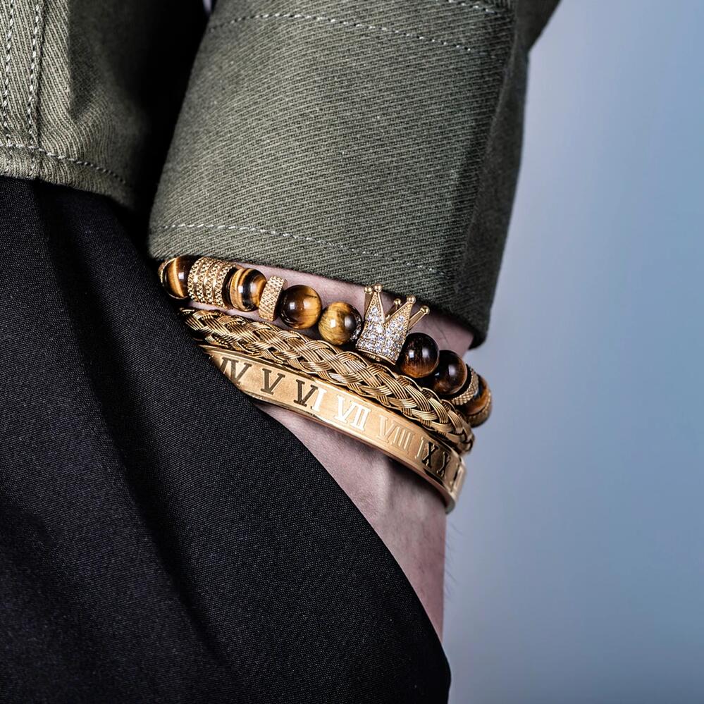 【送料無料】 ブレスレット ブラック クラウン ナンバー メンズ 贅沢 セット マイクロ パヴェ CZ 黒 カラー ロイヤル ハンドメイド ローマ 数字 アクセサリー ジュエリー