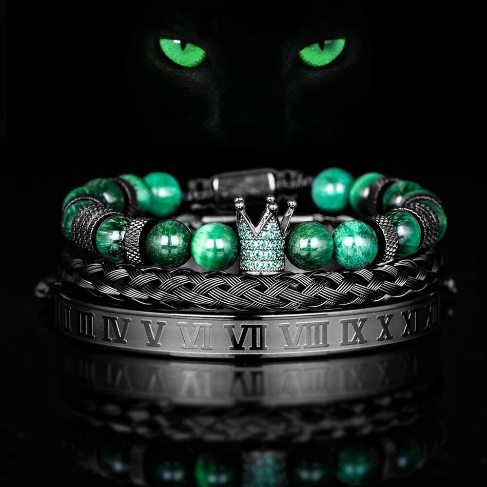 【送料無料】 ブレスレット 動物 アニマル ジルコニア ステンレス ストーン タイガー クラウン ナンバー ロープ メンズ 贅沢 セット カラー ジルコン ローマ 数字 スチール バックル 虎 目 アイズ ジュエリー