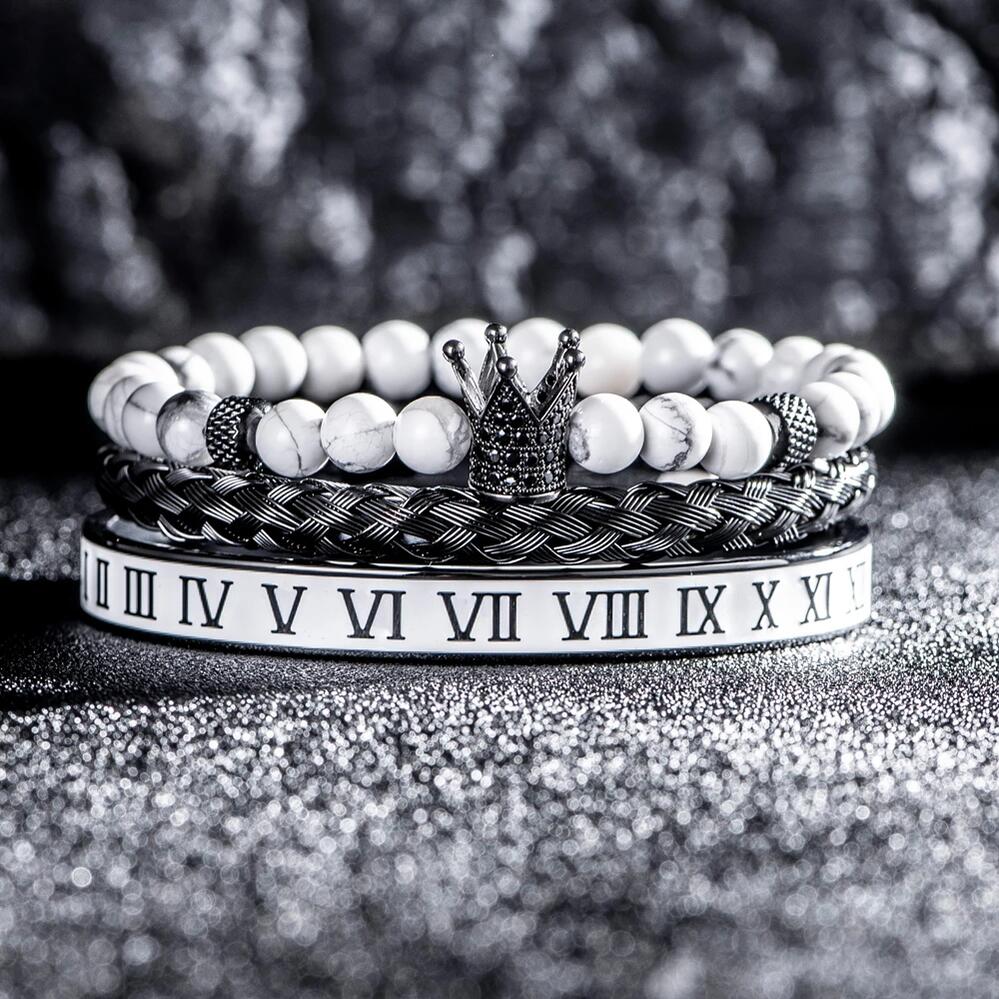 【送料無料】 チャーム バングル ブレスレット ステンレス ゴールド クラウン ナンバー リング メンズ 贅沢 セット カラー 弾性 ストリング ホワイト 白 ハウライト スチール エナメル ローマ 数字 ジュエル