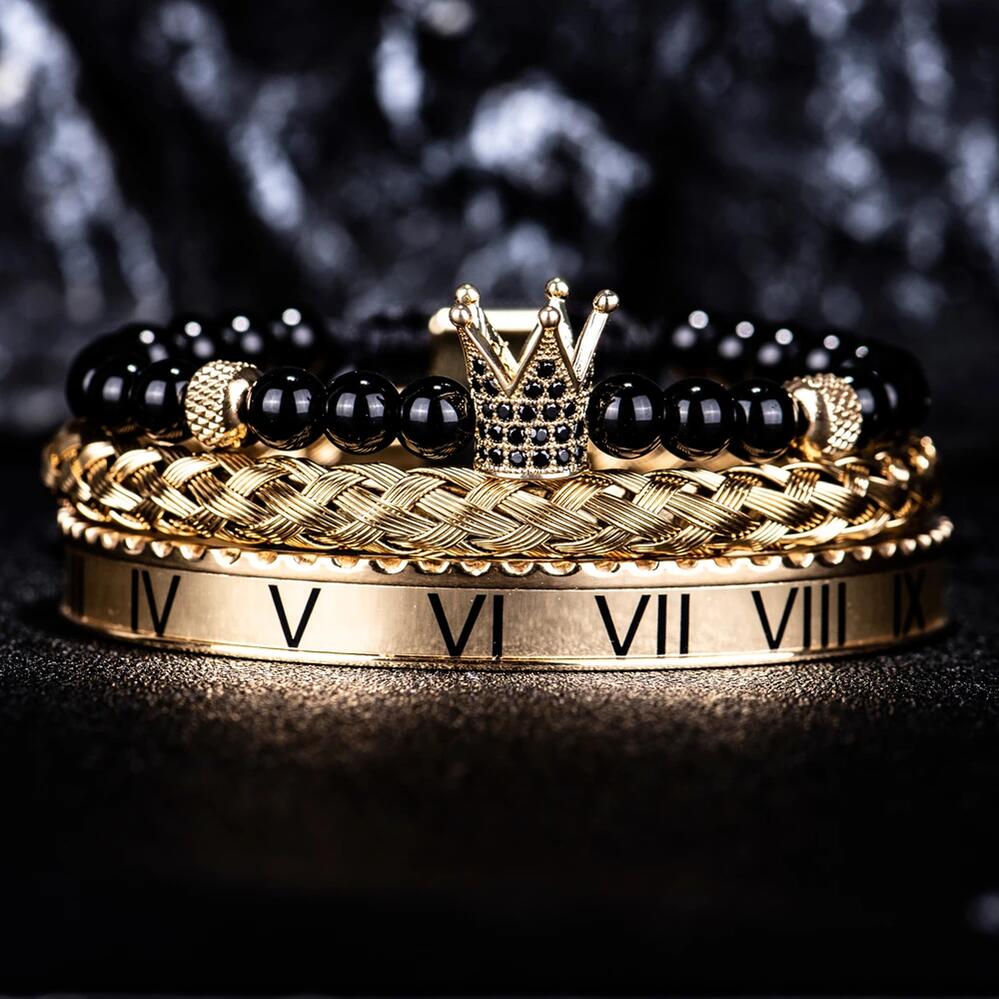 【送料無料】 チャーム ブレスレット ステンレス ゴールド クラウン ナンバー カブ メンズ 3個セット 贅沢 ローマ 数字 カフ カラー スチール ヒップ ホップ ロイヤル ジュエリー