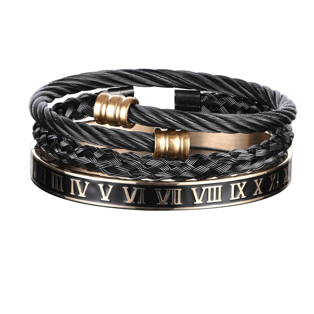 【送料無料】 バングル ブレスレット ステンレス ナンバー ロープ 木の葉 リーフ メンズ 3個セット クラシック ハンドメイド スチール 麻 ヘンプ バックル エナメル 数字 ビレクリク 贅沢 ジュエリー