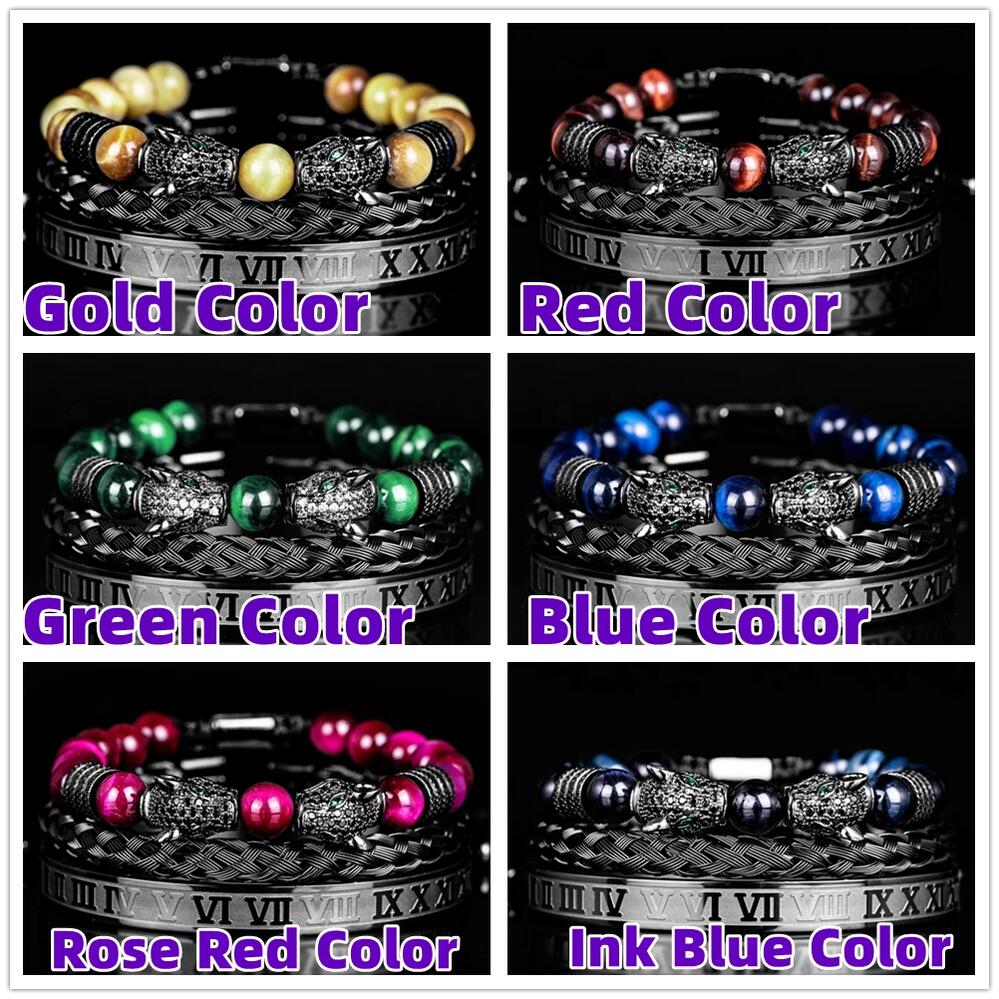 【送料無料】 ブレスレット 動物 アニマル ブラック ストーン タイガー ナンバー ヒョウ ハート ロープ メンズ 贅沢 セット 黒 カラー ダブル レオパード 豹 ヘッド ハンドメイド ローマ 数字 バックル 虎 目 アイズ ジュエリー