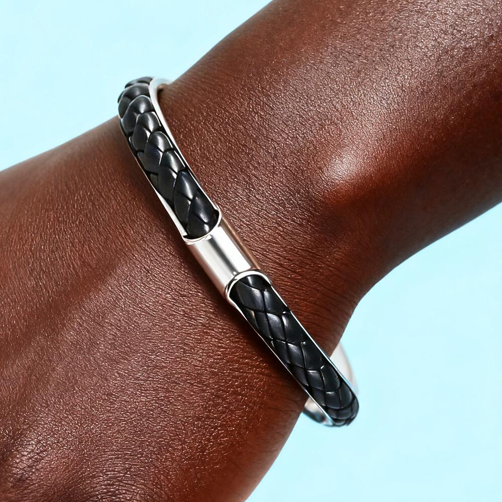 【送料無料】 ブレスレット ステンレス シンプル レザー カブ メンズ クラシック ミニマリスト 34 スチール 編組 フェイク カフ ファッション ジュエリー カップル ギフト