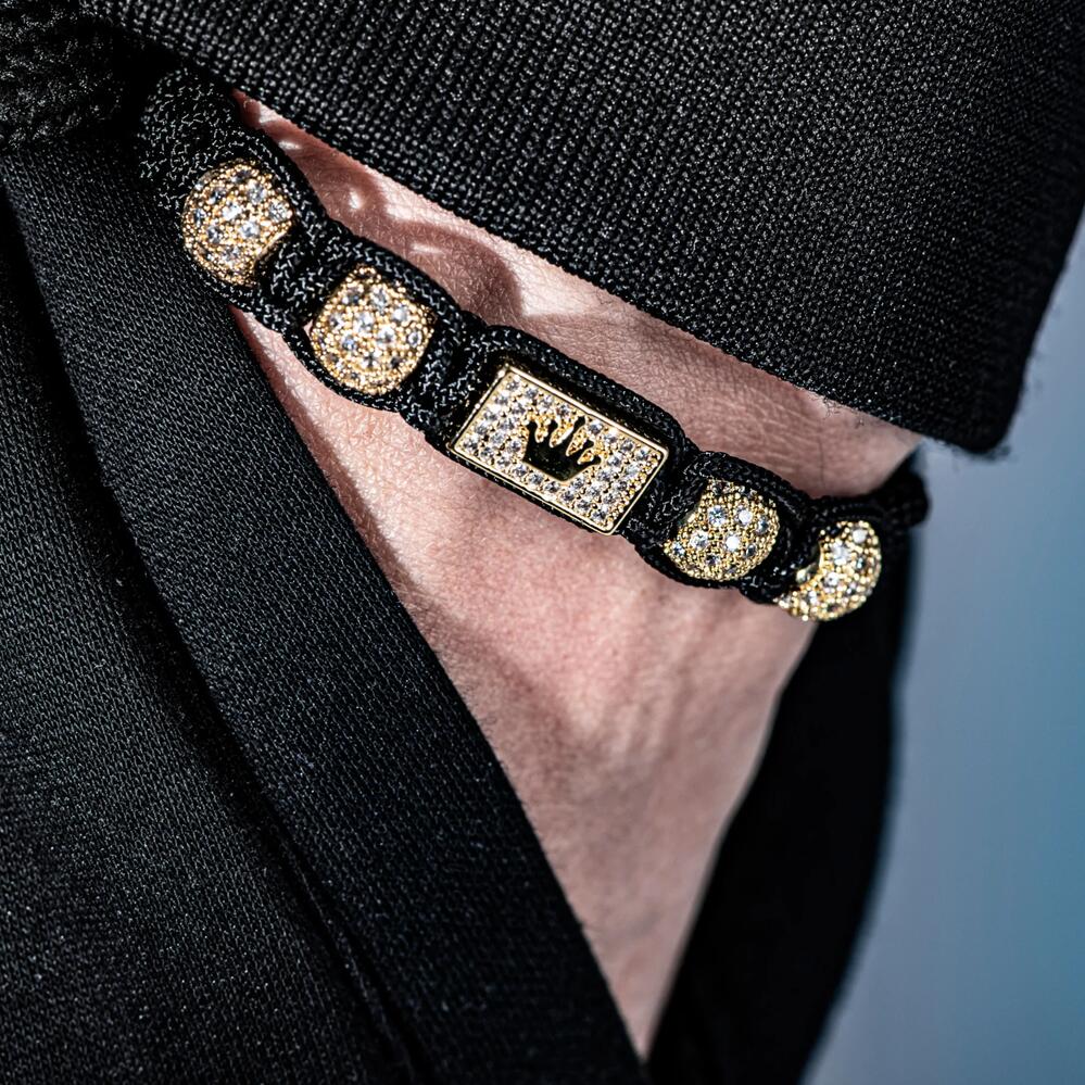 【送料無料】 ブレスレット ジルコニア ゴールド ブラック ストーン クラウン リング メンズ 新しい 調整可能 黒 編組 デザイン 輝く スパークリング 合成 ジルコン エレガント 金トーン 長方形