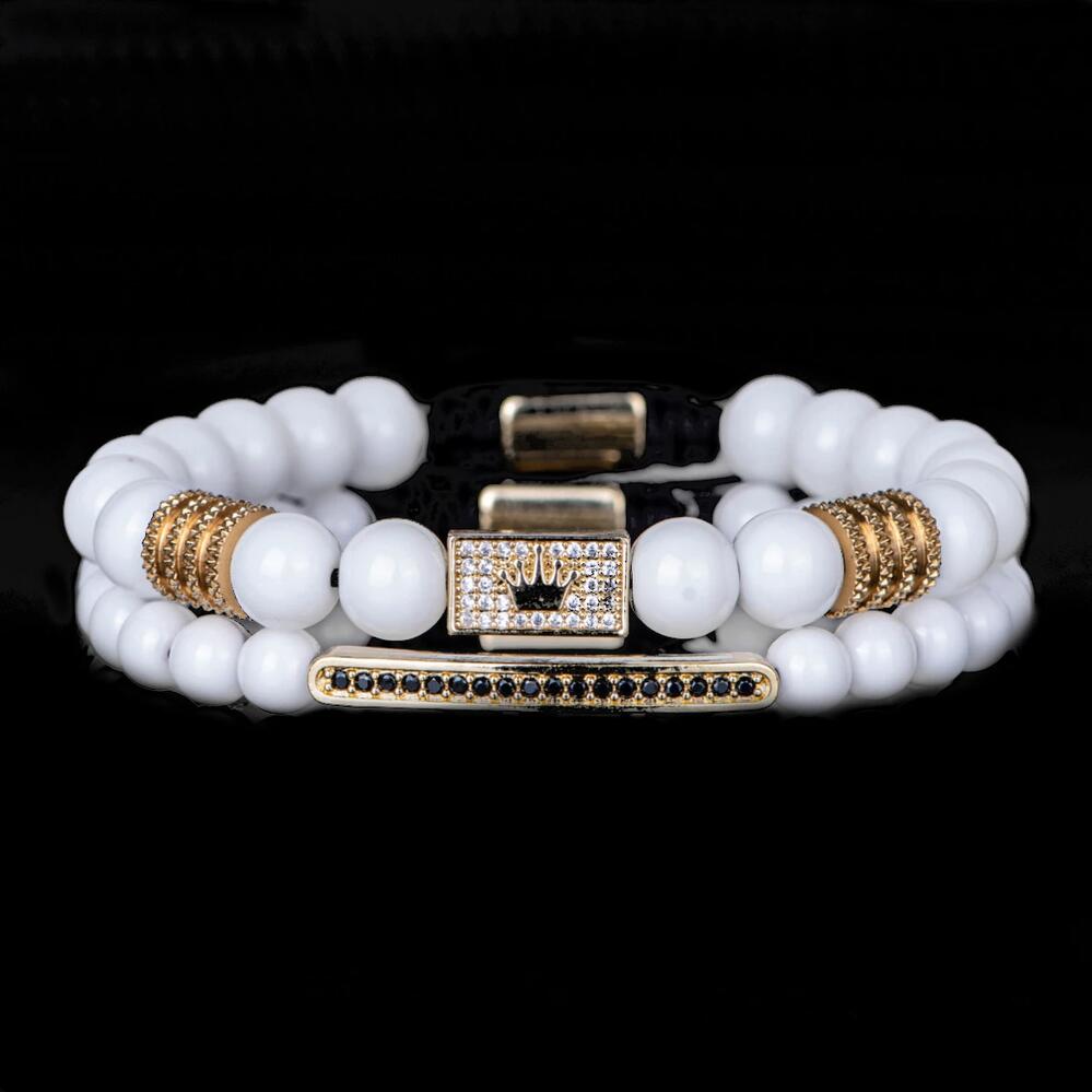 【送料無料】 ブレスレット スクエア ブラック クラウン ビーズ メンズ 魅力的 セット 8mm 四角 6mm マイクロ 黒 CZ インレイ カーブ チューブ