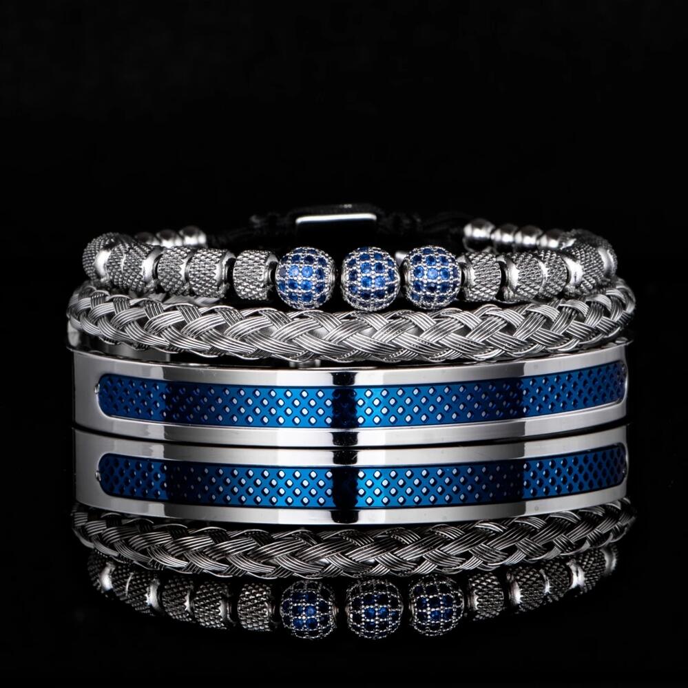 【送料無料】 ブレスレット ブラック ビーズ ポール ロープ メンズ 3個セット クラシック マイクロセット ブルー 青 CZ セット ボール 黒 オープン ハンドメイド デザイン ヒップ ホップ