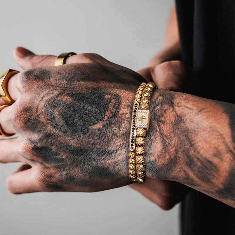 【送料無料】 チャーム ブレスレット ジルコニア ステンレス ゴールド クラウン ビーズ メンズ 2個セット スチール カラー CZ ジルコン