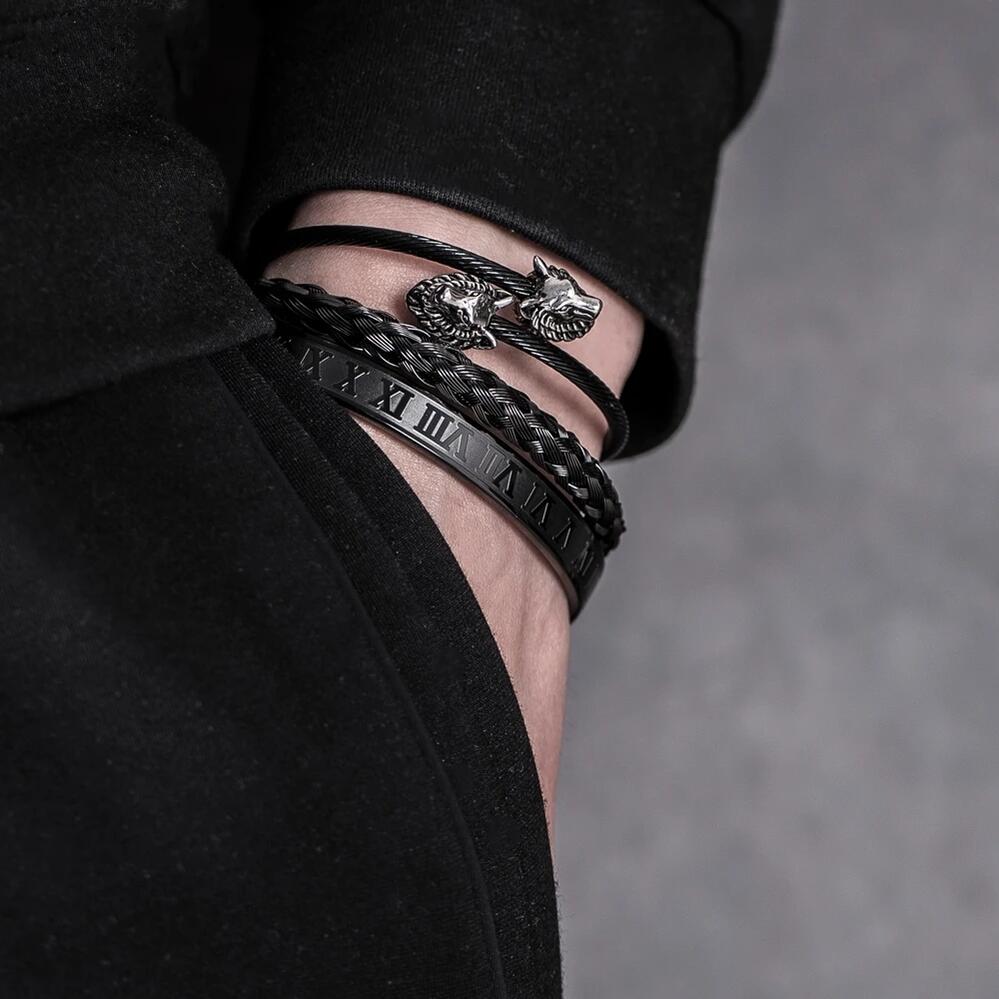 【送料無料】 チャーム ブレスレット 動物 アニマル ステンレス オオカミ ナンバー 狼 メンズ 贅沢 セット スチール ヒップ ホップ ジュエリー おおかみ ウルフ ヘッド オープン ブラングル 刻印 ローマ 数字 ビレクリク