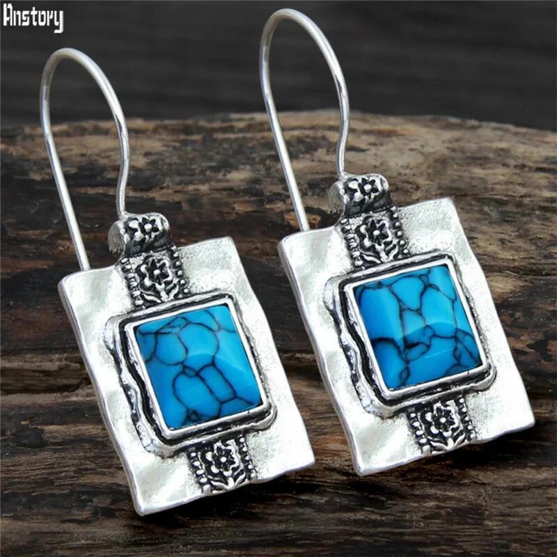 【クーポン利用で2790円】 ピアス ビンテージ シルバー レディース 長方形 エンボス加工 人工 ハウライト ターコイズ テクスチャ プレート ジュエリー ボヘミアン 詳細
