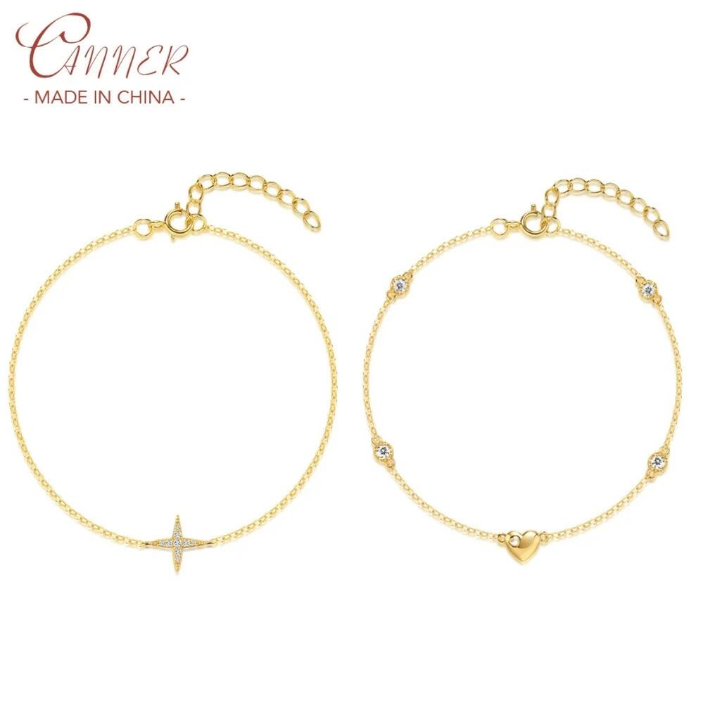 【送料無料】 ブレスレット ゴールド シルバー チェーン インド ムース ハート 星 レディース 925 調整可能 スムーズ ハート型 18K 4 ポイント スター Ins ファイン ジュエリー ギフト