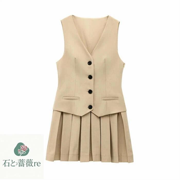 ベスト チュニック 新作 レディース ノースリーブ Vネック 無地 ワンピース ベストチュニック プリーツ 膝上丈 ベスト ワンピ デザイン感 ミニワンピース 重ね着 カジュアル 通勤 OL オフィス 体型カバー お洒落 大人 レイヤード風 可愛い 着回し 切り替え 送料無料