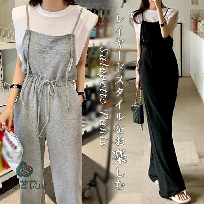 サロペット パンツ レディース ロング ワイパンツ 春夏 秋 ノースリーブ オールインワン ロング丈 無地 ロングパンツ ワイドパンツ 楽ちん シンプル リラックス 高見え オフィス カジュアル スウェット生地 ウエストマーク リボン 重ね着 レイヤード 黒 ブラック グレー