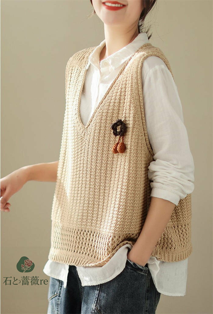 vネックニットベストレディース春秋...