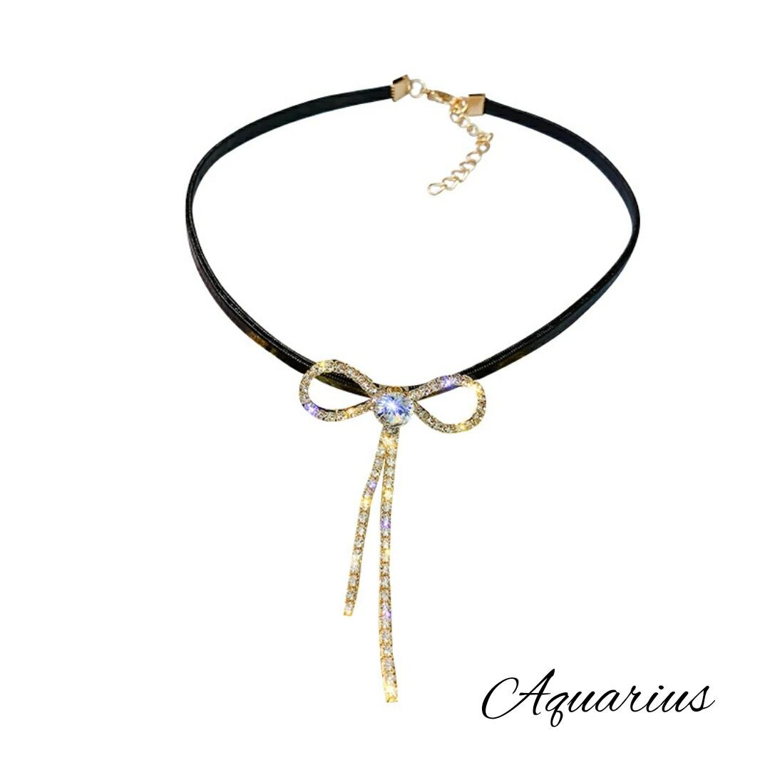 スワロフスキー ラインストーン リボン と キュービックジルコニア の レザー チョーカー