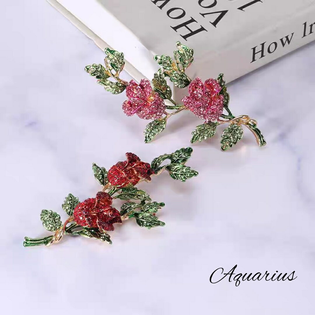 スワロフスキー 大きめ ローズ ( バラ 薔薇 ) ブローチ ギフトポーチ付き 2 カラー レッド ピンク