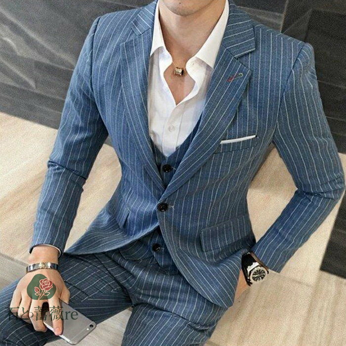スーツ メンズ ビジネススーツ 3ピーススーツ 上下セット テーラードジャケット ブレザー スラックス ベスト 紳士服 結婚式 スリム ストライプ