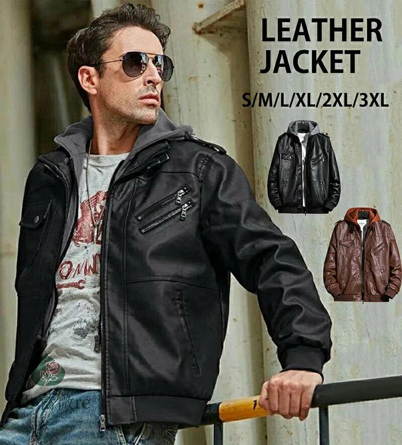 革ジャン メンズ PUレザージャケット フード付き ゆったり コート 大きいサイズ S-4L 秋冬春用 ライダース おしゃれ 防風 leather jacket フード着脱可能!