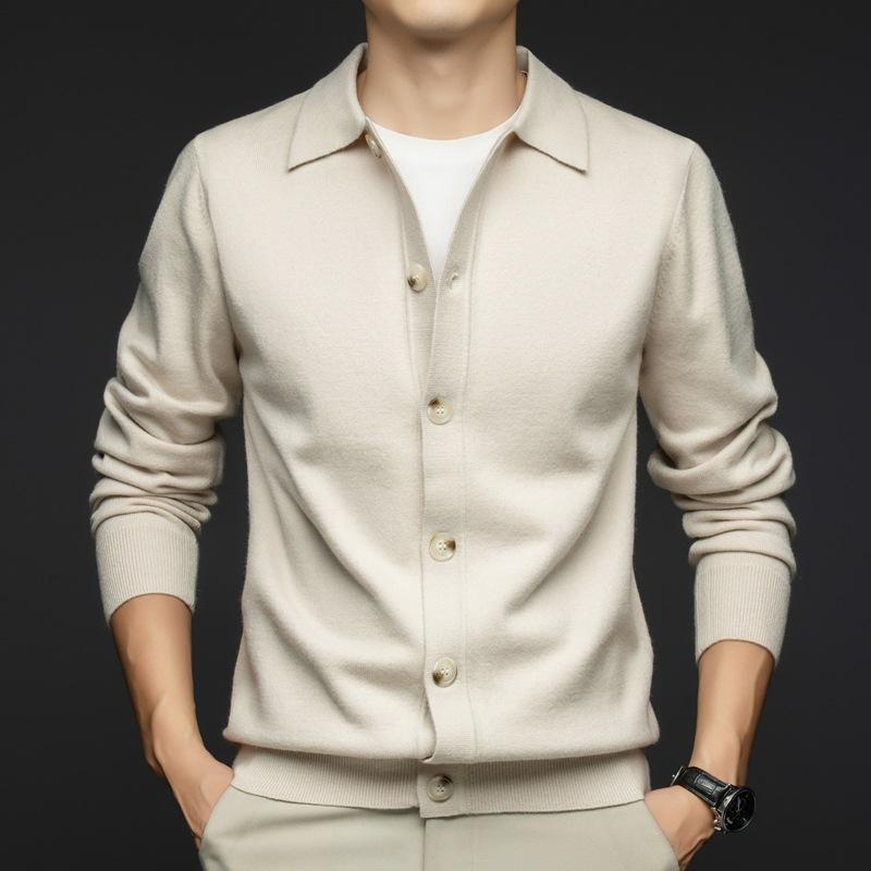 ニット カーディガン メンズ 混紡 襟付き シングルブレスト ライト ビジネス 普段使い リブ裾 ミディアム 厚 春秋 高弾性 通気性 ホワイト系 ブラック グレー