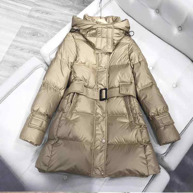 ダウンジャケット レディース 秋冬 ミドル丈 ウエストマーク スタイルアップ 細見え ポリエステル アウター 米白色 シャンパン色 ブラック