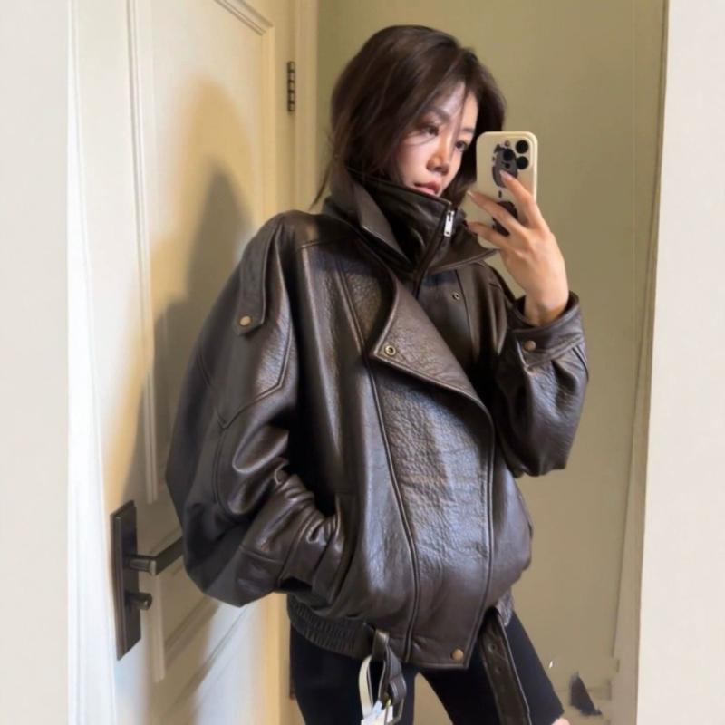 ジャケット レディース 秋冬 PUレザー オーバーサイズ ライダースジャケット レトロ アウター 学院風 ?棕色 黒