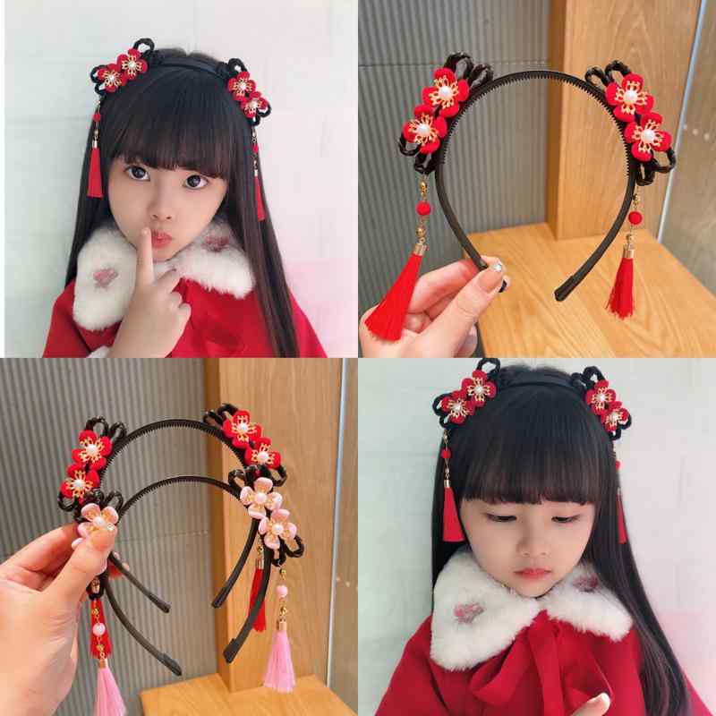 Full Wigs （Male） - ヘアバンド ガールズ 子供 古風 ヘアアクセサリー 花飾り タッセル付き 三つ編み ウィッグ 正月 赤 キッズ 髪飾り チャイナドレス コスプレ