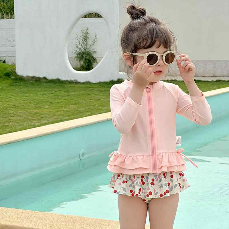 水着 女の子 長袖 セパレート ラッシュガード セットアップ かわいい ベビー キッズ 子供用 日焼け防止 速乾 ビーチ 温泉 リゾート ピンク チェリー柄