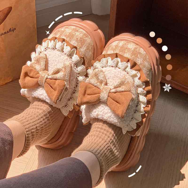 ルームシューズ レディース かわいい レース 蝶結び あったか モコモコ スリッパ 室内履き 冷え対策 暖か 秋冬