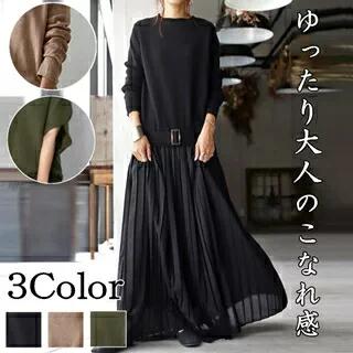 プリー 半袖 長袖 切り替え 黒ワンピ ロング 50代 40代 マキシ丈ワンピース きれいめ 黒ワンピース レディース 秋 ワンピース 黒