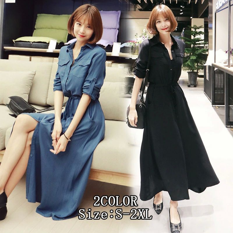 体 ゆったり 上品 長袖 50代 20代 30代 黒ワンピ 黒 カジュアル ロング 冬 秋 シャツワンピース 春 40代 きれいめ レディース 夏