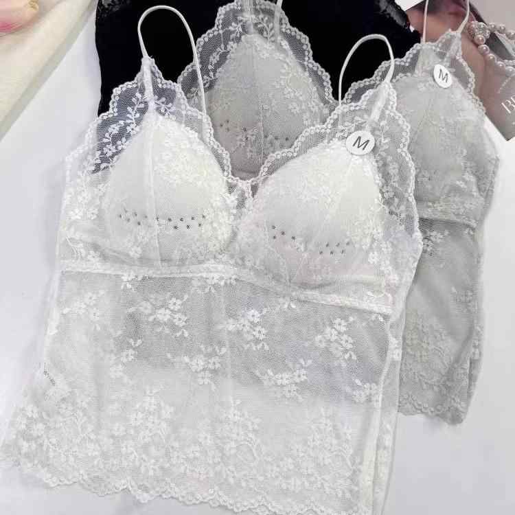 キャミソール 伸縮性 部屋着 インナー タンクトップ レース Vネック リラックス カップ付き レディース 春夏 薄手 ミディアム丈 ノンワイヤー 肌着 接触冷感