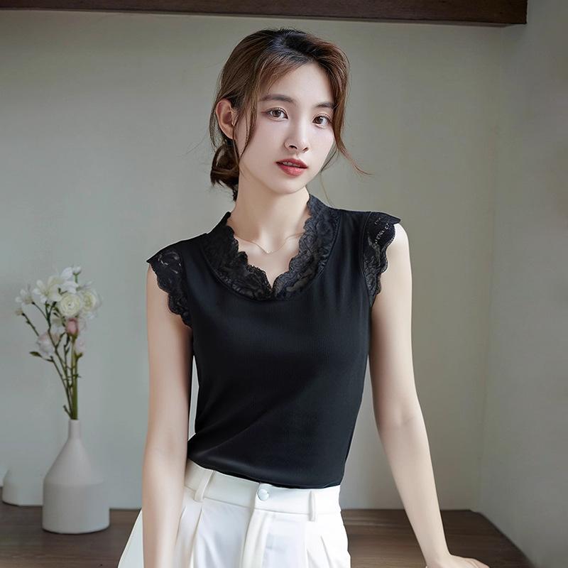 レディース カットソー 春夏 ノースリーブ スリムフィット インナー Vネック 刺繍 チュニック タンクトップ コットン