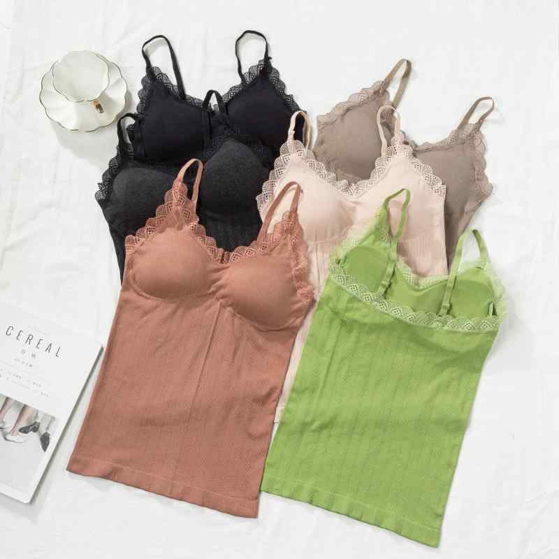 Rakuten - 調節可能 ロング丈 無縫製 肩紐 ストレッチ 秋冬 キャミソール レディース 伸縮性 Vネック 美背 スタイルアップ リブ編み ブラトップ レース インナー