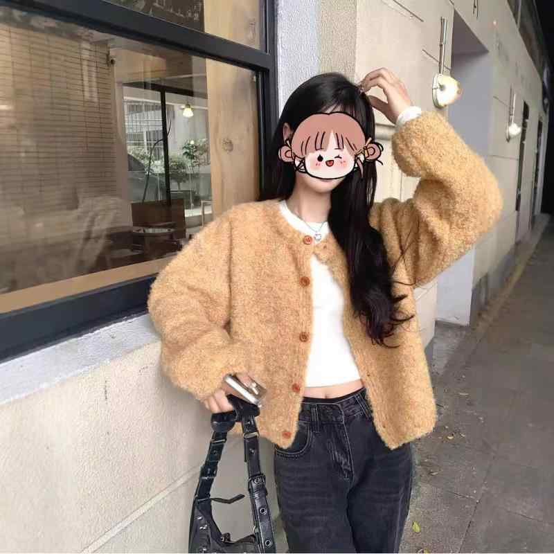 無地 カーディガン ラウンドネック レディース 秋冬 ショート丈 普段使い 灰色 柔らかい 再生繊維 浅?..