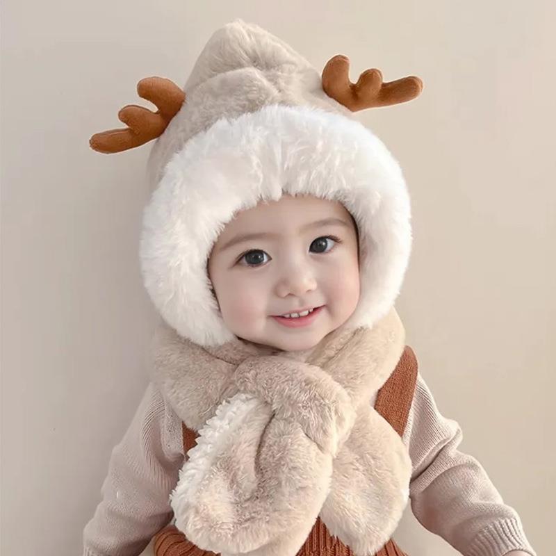 防寒 1歳 2歳 オリジナルデザイン 6歳 カチューシャ付き かわいい 4歳 帽子 秋冬 子供用 ホワイト カーキ ピンク系 ニット帽 ブラウン 鹿の角(4.0)
